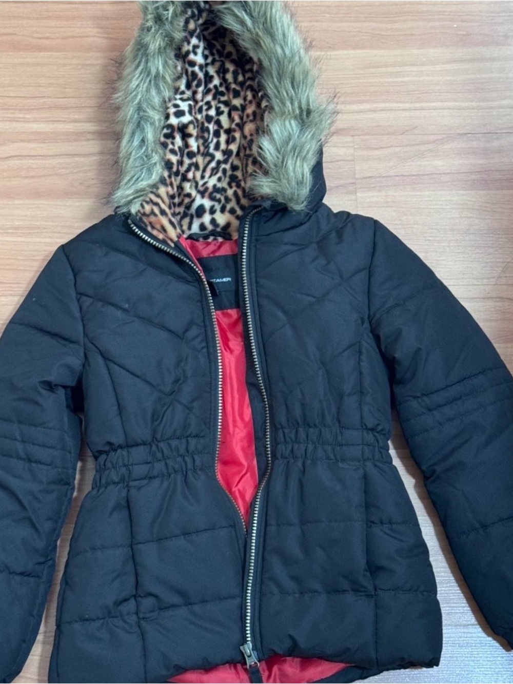 Weather Tamer Girls Black Puffer Jacket Leopard Fur Hood Size S (7/8)